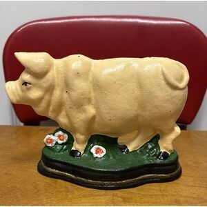 Vintage Cast Iron Pig Piggy Door Stop Bookend Hog Metal Decor Old Folkart Farm